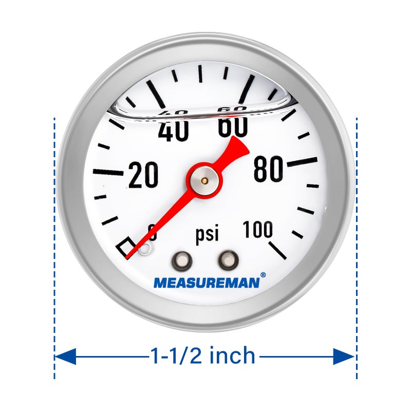 MEASUREMAN 1-1/2" Dial Size, 304 Stainless Steel case, Liquid Filled Fuel Pressure Gauge, 0-100Psi, 3-2-3%, 1/8" NPT Center Back Mount - Image 4